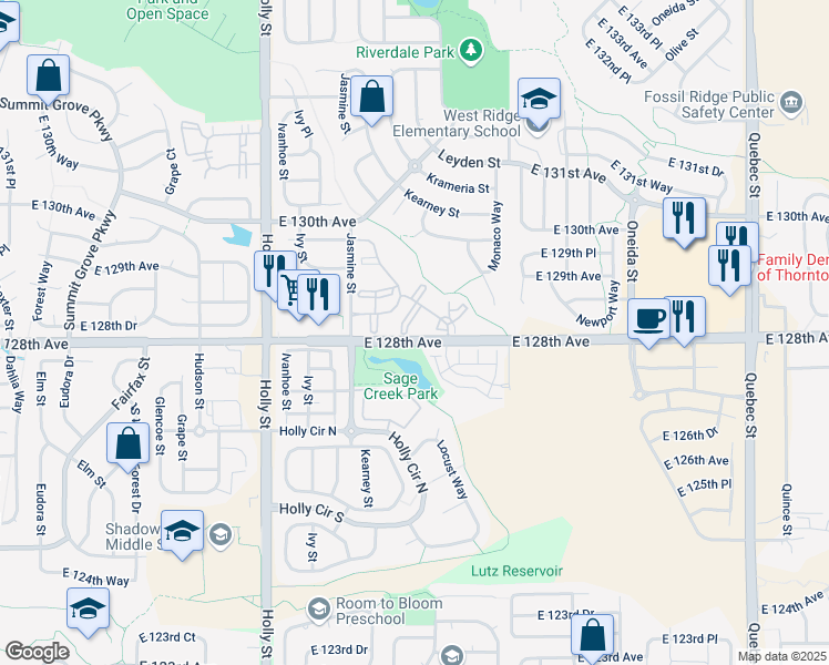 map of restaurants, bars, coffee shops, grocery stores, and more near 12800 East 128th Avenue in Thornton