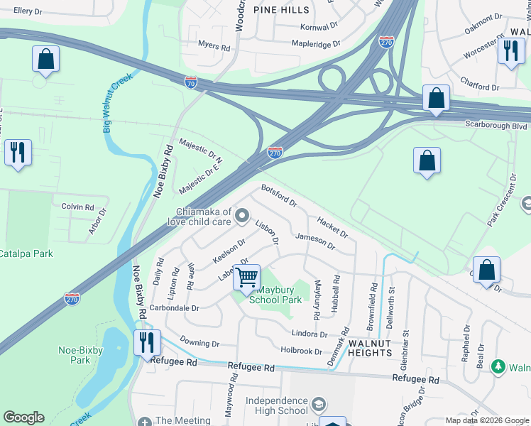 map of restaurants, bars, coffee shops, grocery stores, and more near 2424 Lisbon Drive in Columbus