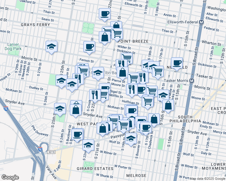 map of restaurants, bars, coffee shops, grocery stores, and more near 2043 Sigel Street in Philadelphia
