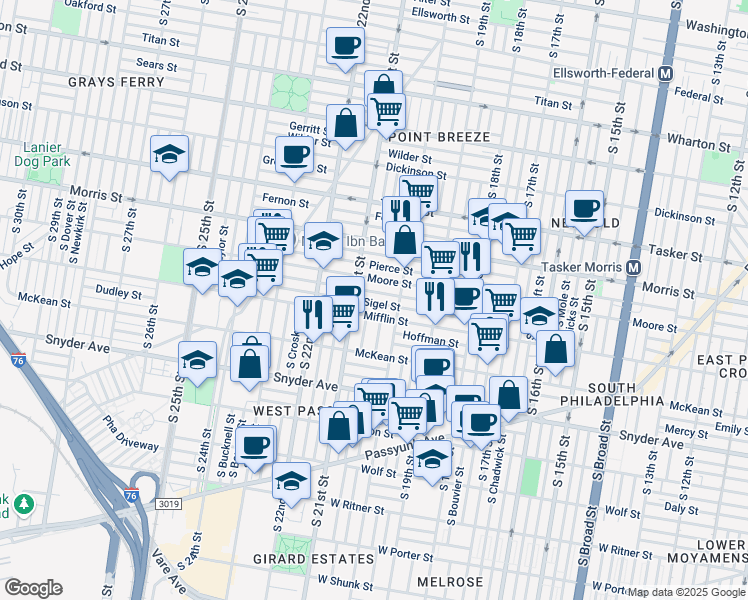 map of restaurants, bars, coffee shops, grocery stores, and more near 2041 Sigel Street in Philadelphia