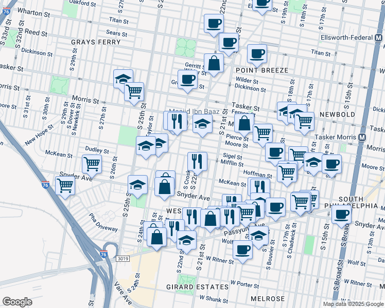 map of restaurants, bars, coffee shops, grocery stores, and more near 2213 Mifflin Street in Philadelphia