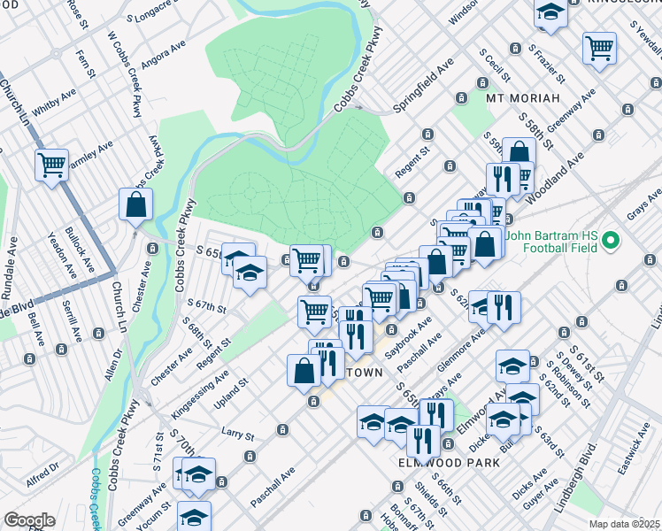 map of restaurants, bars, coffee shops, grocery stores, and more near 6313 Kingsessing Avenue in Philadelphia