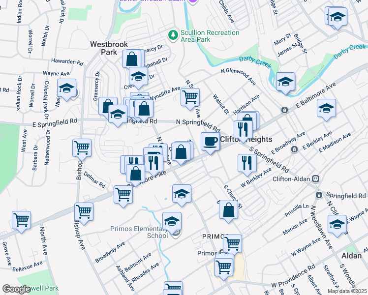 map of restaurants, bars, coffee shops, grocery stores, and more near 236 Davis Avenue in Clifton Heights
