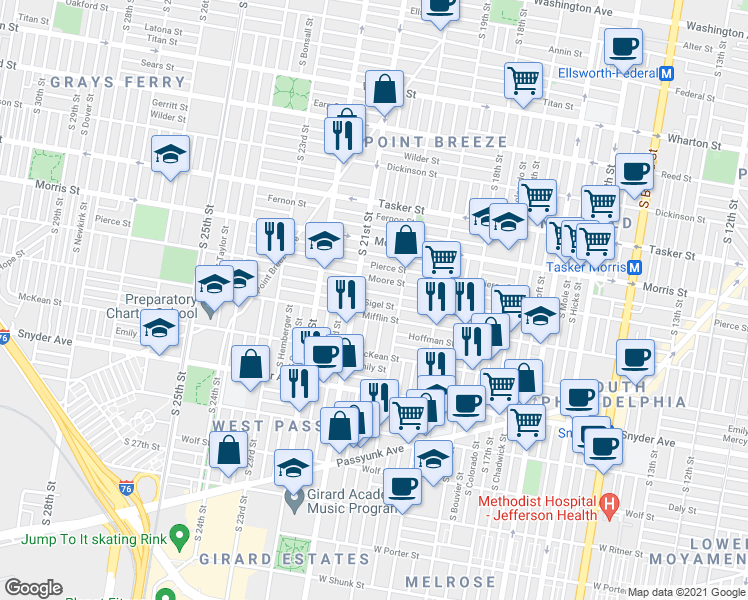 map of restaurants, bars, coffee shops, grocery stores, and more near 2043 Sigel Street in Philadelphia