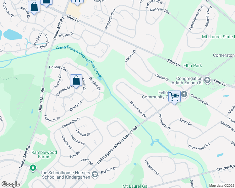 map of restaurants, bars, coffee shops, grocery stores, and more near 27 Horseshoe Drive in Mount Laurel Township