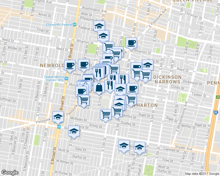 map of restaurants, bars, coffee shops, grocery stores, and more near 1006 Mountain Street in Philadelphia
