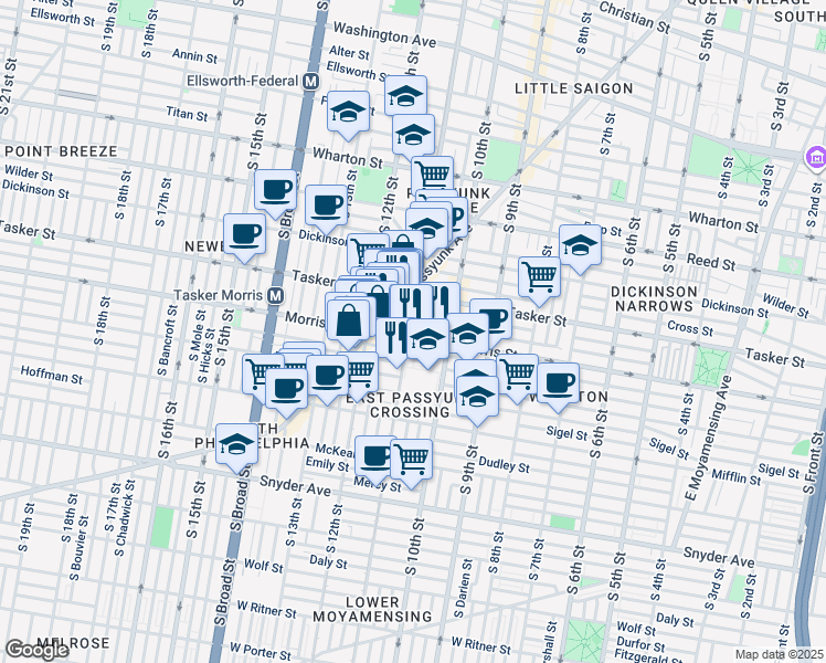 map of restaurants, bars, coffee shops, grocery stores, and more near 1635 South 11th Street in Philadelphia