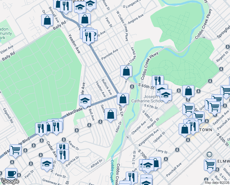 map of restaurants, bars, coffee shops, grocery stores, and more near 957 Bullock Avenue in Yeadon