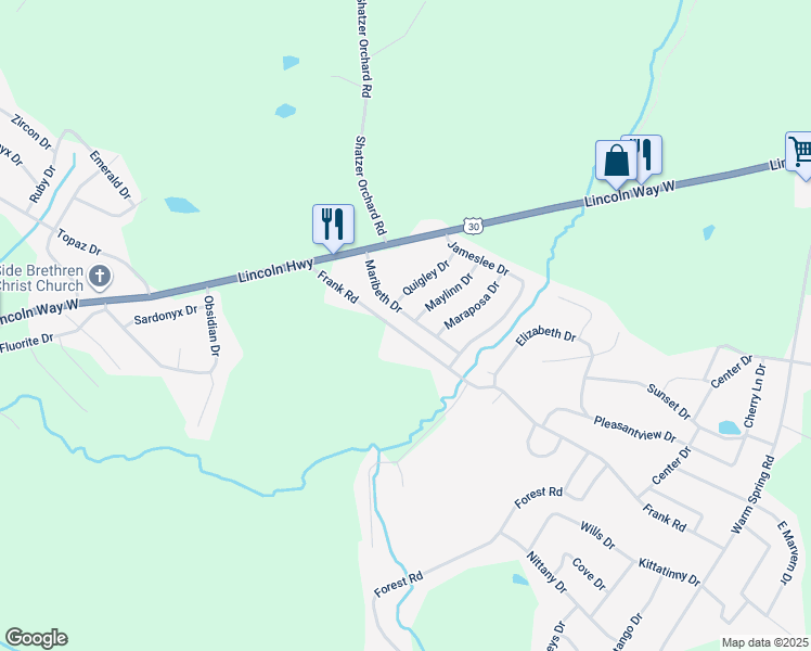 map of restaurants, bars, coffee shops, grocery stores, and more near 61 Maribeth Drive in Chambersburg