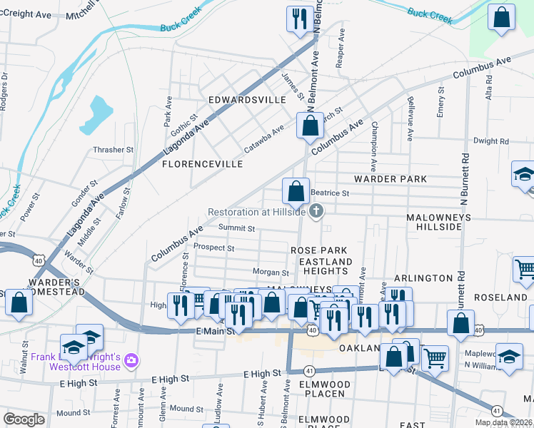 map of restaurants, bars, coffee shops, grocery stores, and more near 1809 Hillside Avenue in Springfield