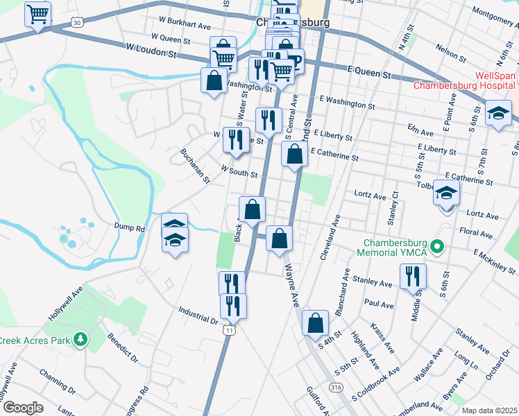 map of restaurants, bars, coffee shops, grocery stores, and more near 586 South Main Street in Chambersburg