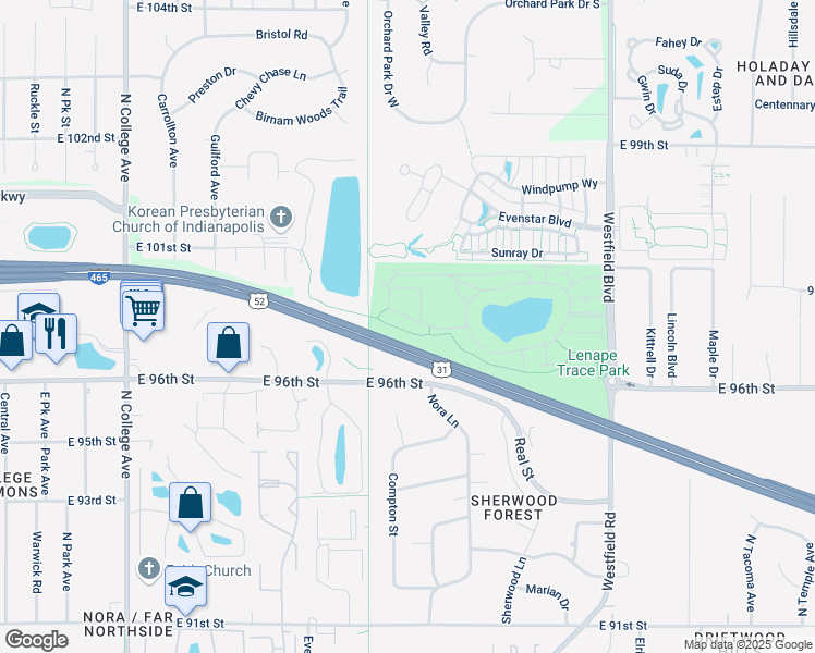 map of restaurants, bars, coffee shops, grocery stores, and more near 1079 Falcon Ridge in Indianapolis