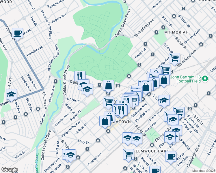 map of restaurants, bars, coffee shops, grocery stores, and more near 6319 Regent Street in Philadelphia