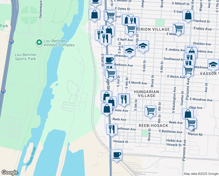 map of restaurants, bars, coffee shops, grocery stores, and more near 1626 South High Street in Columbus