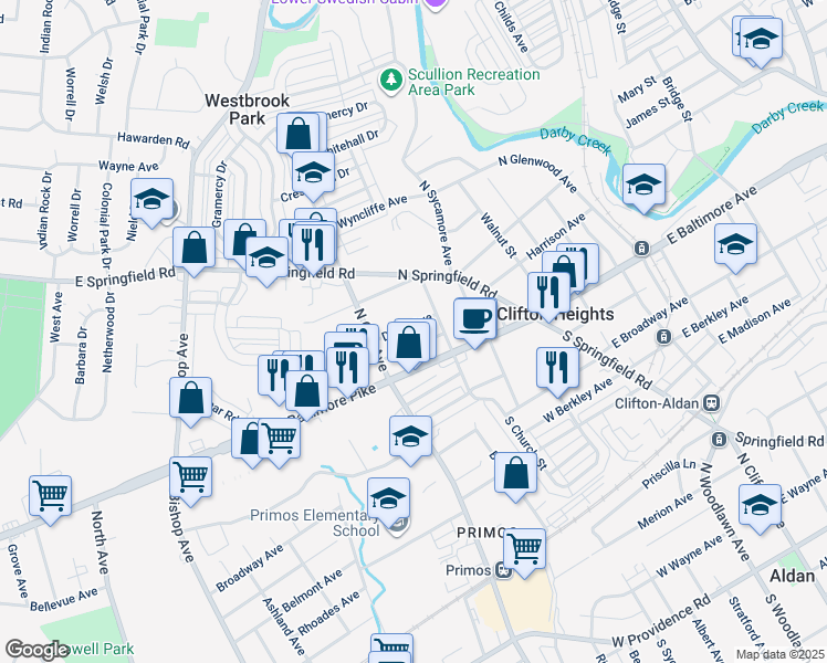 map of restaurants, bars, coffee shops, grocery stores, and more near 236 Davis Avenue in Clifton Heights