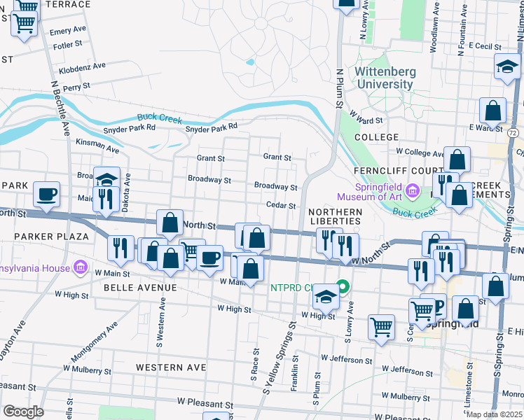 map of restaurants, bars, coffee shops, grocery stores, and more near 617 Cedar Street in Springfield
