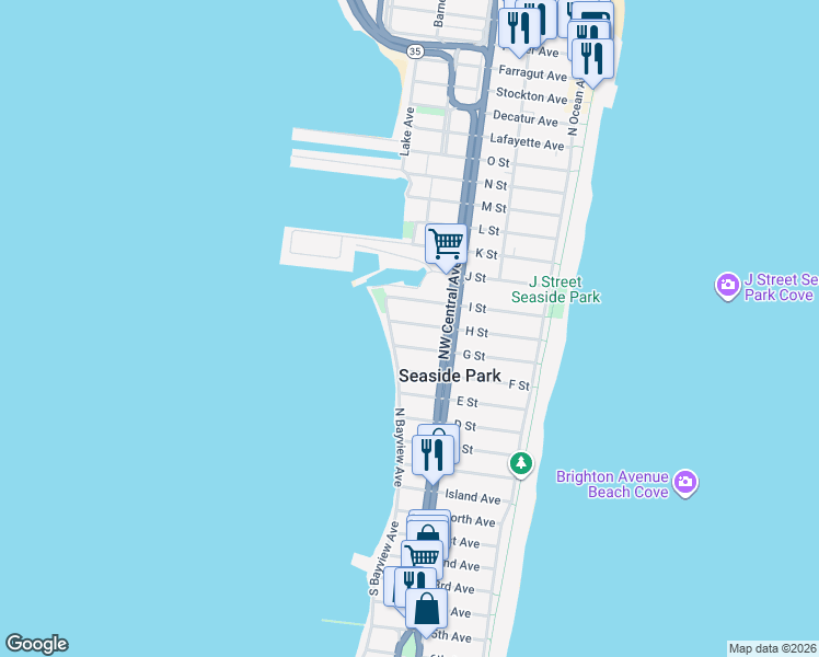 map of restaurants, bars, coffee shops, grocery stores, and more near 128 G Street in Seaside Park
