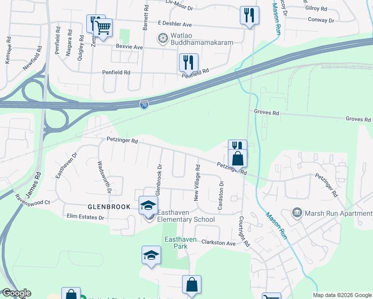 map of restaurants, bars, coffee shops, grocery stores, and more near 3360 Petzinger Road in Columbus