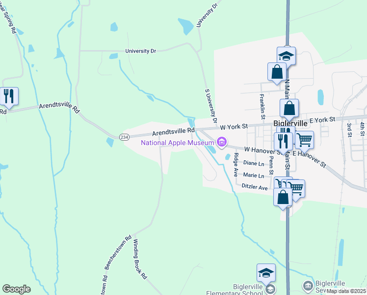 map of restaurants, bars, coffee shops, grocery stores, and more near 30 Clearview Lane in Biglerville
