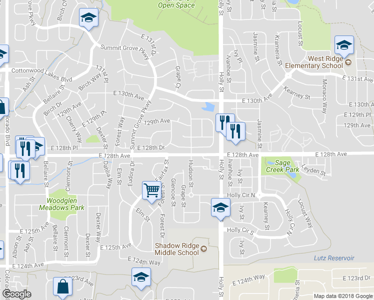 map of restaurants, bars, coffee shops, grocery stores, and more near 5480 East 128th Drive in Thornton