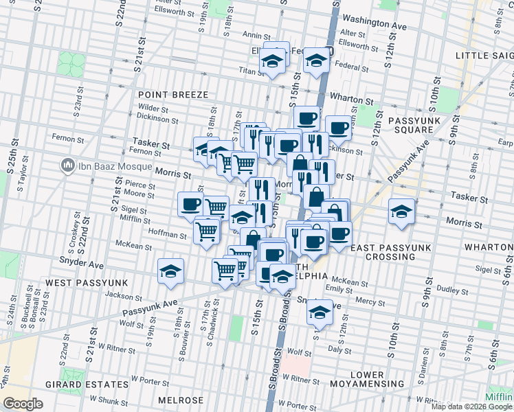 map of restaurants, bars, coffee shops, grocery stores, and more near 1751 South Hicks Street in Philadelphia
