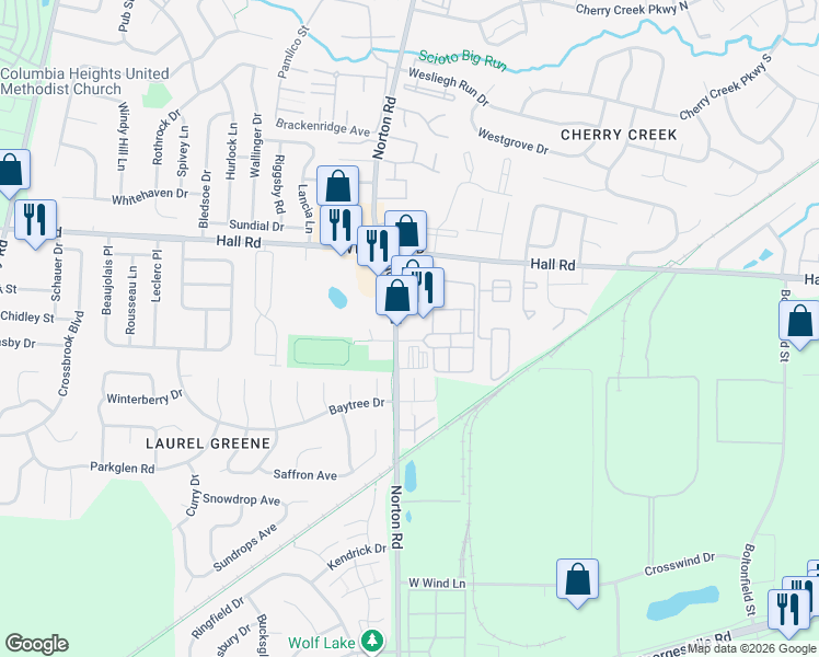 map of restaurants, bars, coffee shops, grocery stores, and more near 1144 Norton Road in Columbus