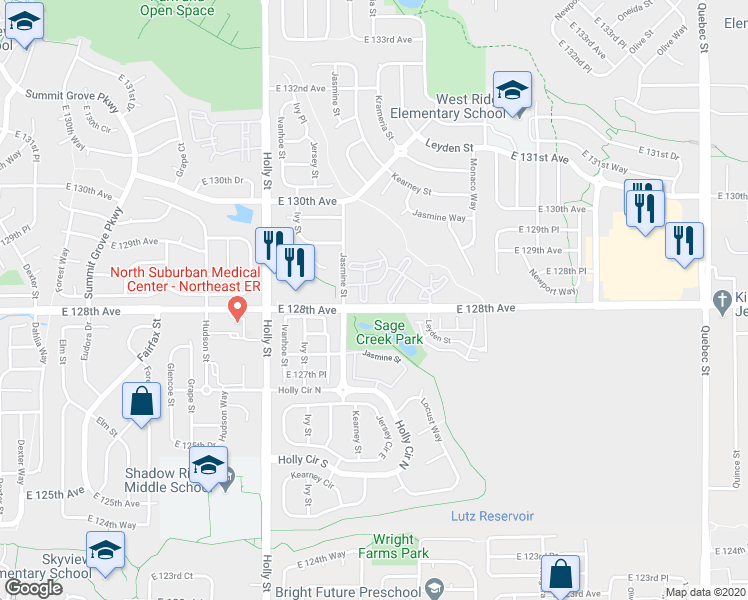 map of restaurants, bars, coffee shops, grocery stores, and more near 12808 East 128th Avenue in Thornton