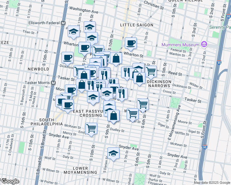 map of restaurants, bars, coffee shops, grocery stores, and more near 1617 South 9th Street in Philadelphia