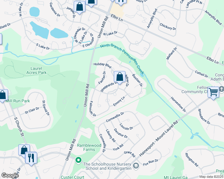 map of restaurants, bars, coffee shops, grocery stores, and more near 2 Warner Court in Mount Laurel Township