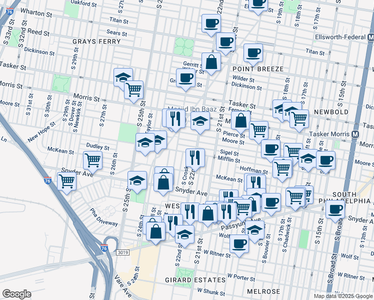 map of restaurants, bars, coffee shops, grocery stores, and more near 2225 Mifflin Street in Philadelphia