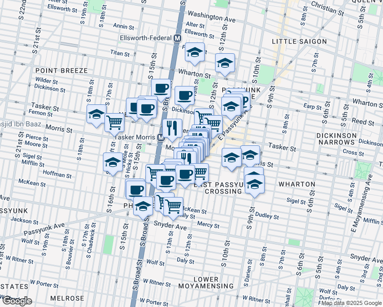 map of restaurants, bars, coffee shops, grocery stores, and more near 1222 Morris Street in Philadelphia