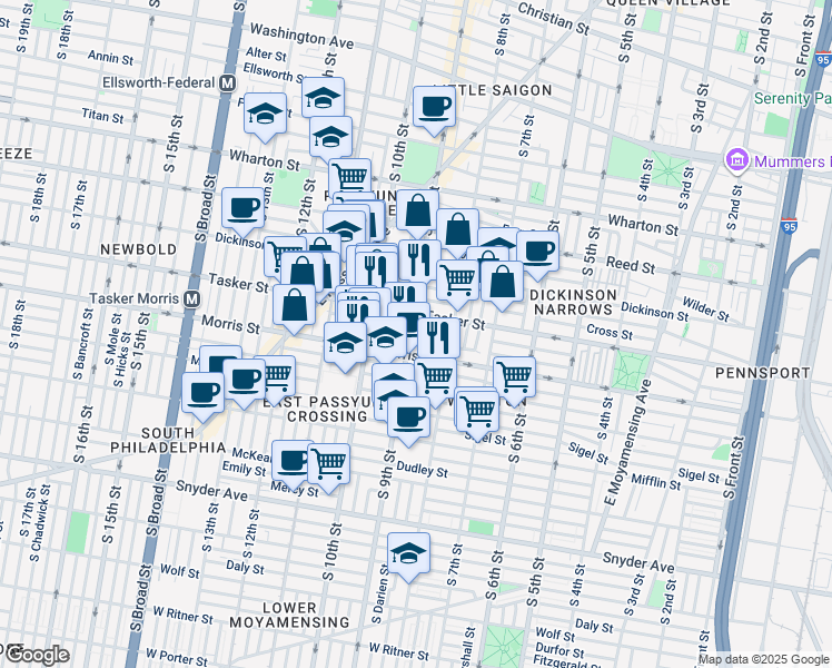 map of restaurants, bars, coffee shops, grocery stores, and more near 1617 South 9th Street in Philadelphia