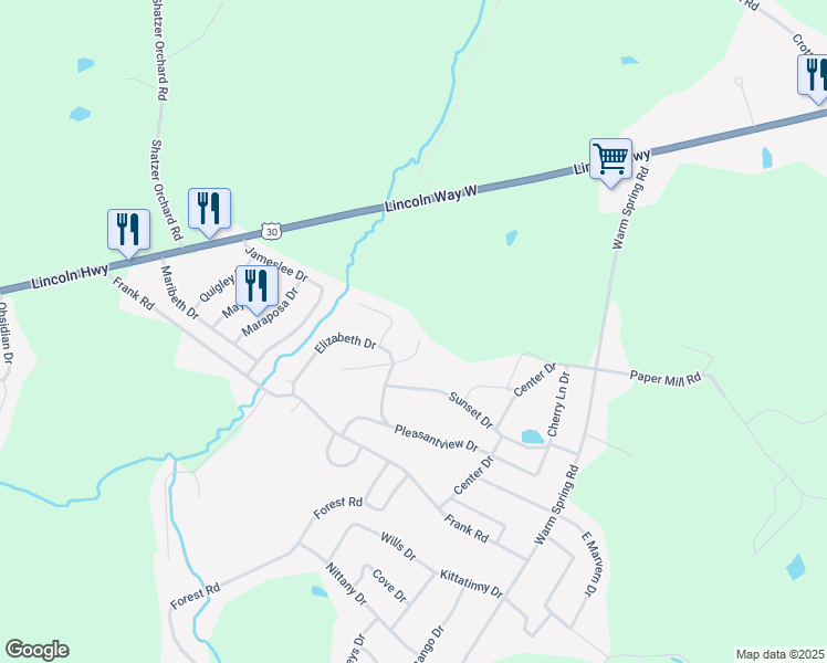 map of restaurants, bars, coffee shops, grocery stores, and more near 1541 East Strohm Drive in Chambersburg