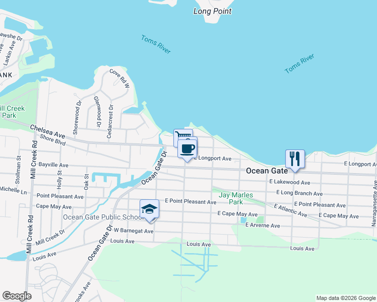 map of restaurants, bars, coffee shops, grocery stores, and more near 219 Ocean Gate Avenue in Ocean Gate