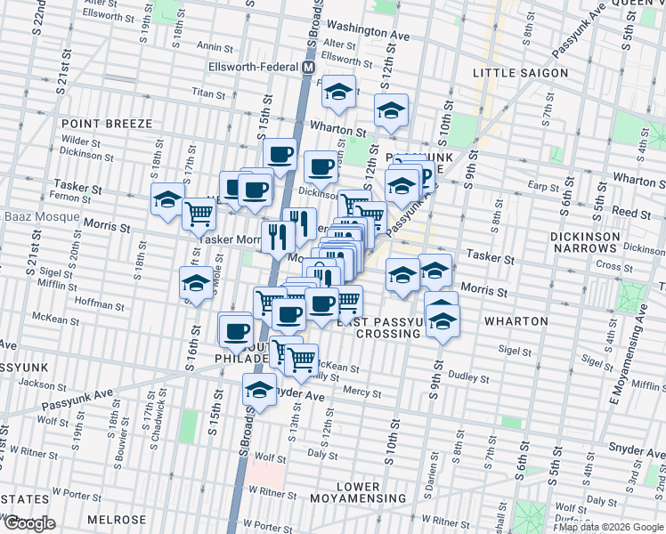 map of restaurants, bars, coffee shops, grocery stores, and more near 1222 Morris Street in Philadelphia