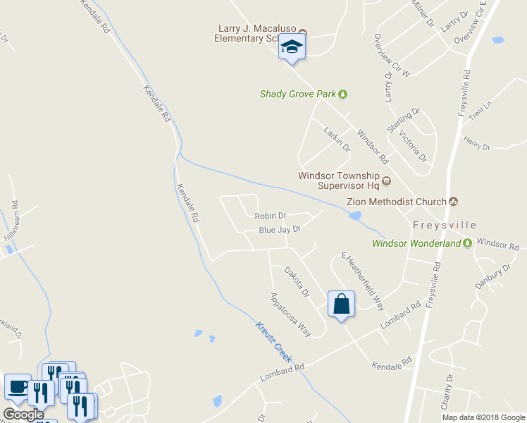 map of restaurants, bars, coffee shops, grocery stores, and more near 102 Rain Dove Drive in Red Lion