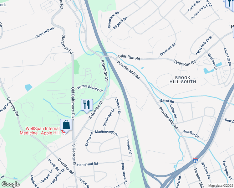 map of restaurants, bars, coffee shops, grocery stores, and more near 24 Churchill Drive in York