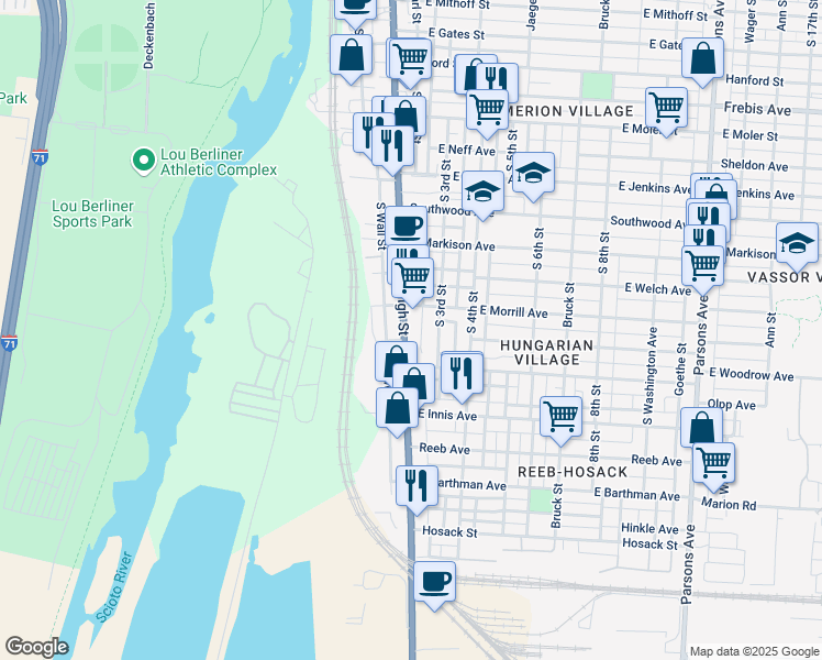 map of restaurants, bars, coffee shops, grocery stores, and more near 1624 South High Street in Columbus