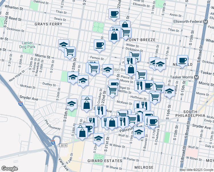 map of restaurants, bars, coffee shops, grocery stores, and more near 2129 Mifflin Street in Philadelphia