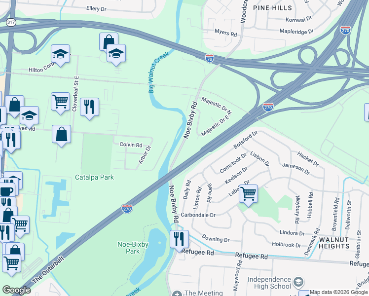 map of restaurants, bars, coffee shops, grocery stores, and more near 2342 Noe Bixby Road in Columbus