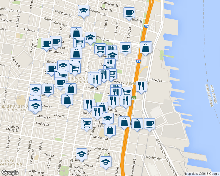 map of restaurants, bars, coffee shops, grocery stores, and more near 245 Greenwich Street in Philadelphia
