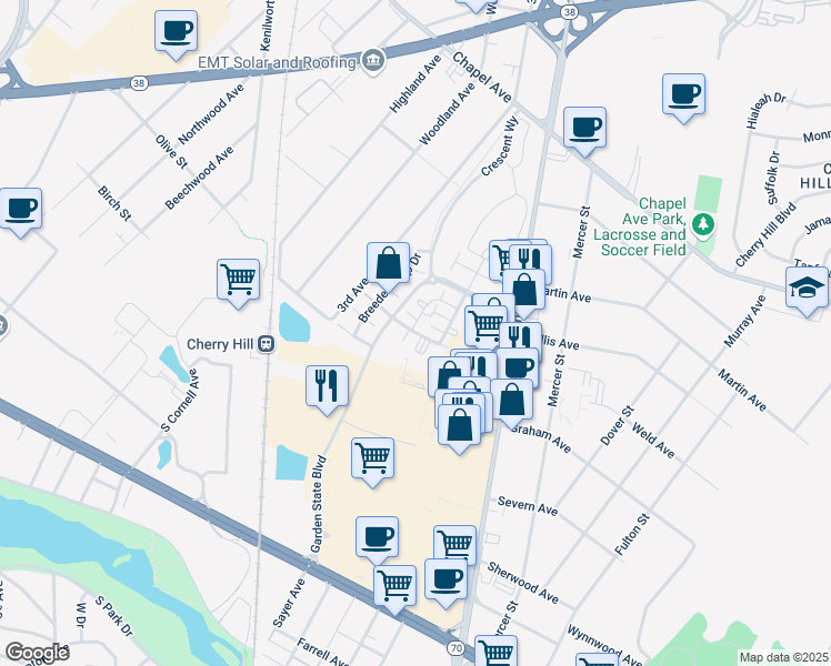 map of restaurants, bars, coffee shops, grocery stores, and more near 4105 Lexington Court in Cherry Hill