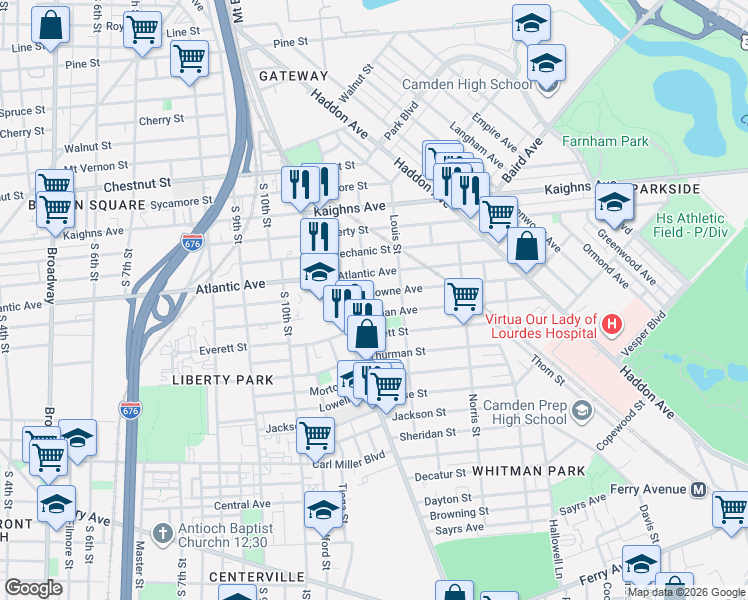 map of restaurants, bars, coffee shops, grocery stores, and more near 1185 Whitman Avenue in Camden