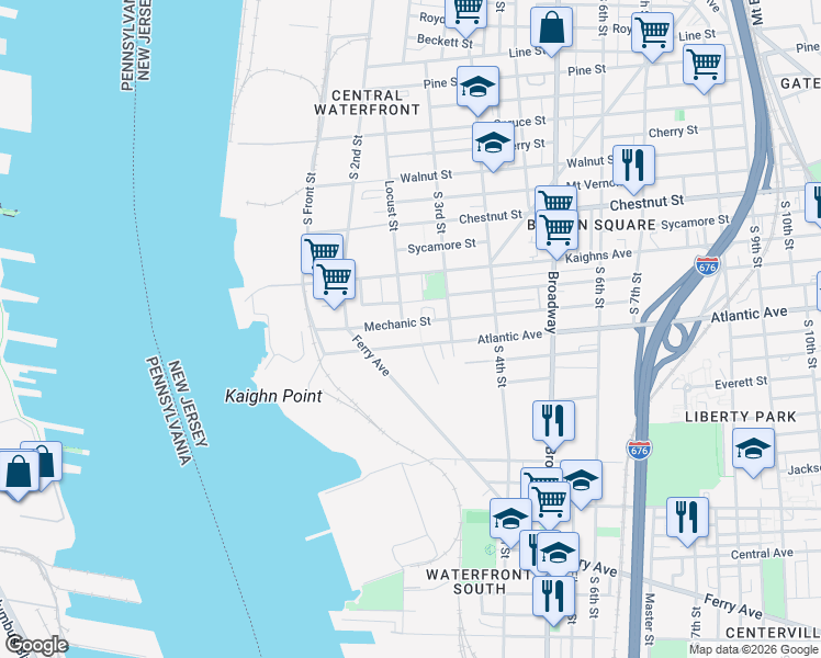 map of restaurants, bars, coffee shops, grocery stores, and more near 271 Atlantic Avenue in Camden