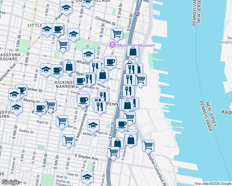 map of restaurants, bars, coffee shops, grocery stores, and more near 1502 South Front Street in Philadelphia