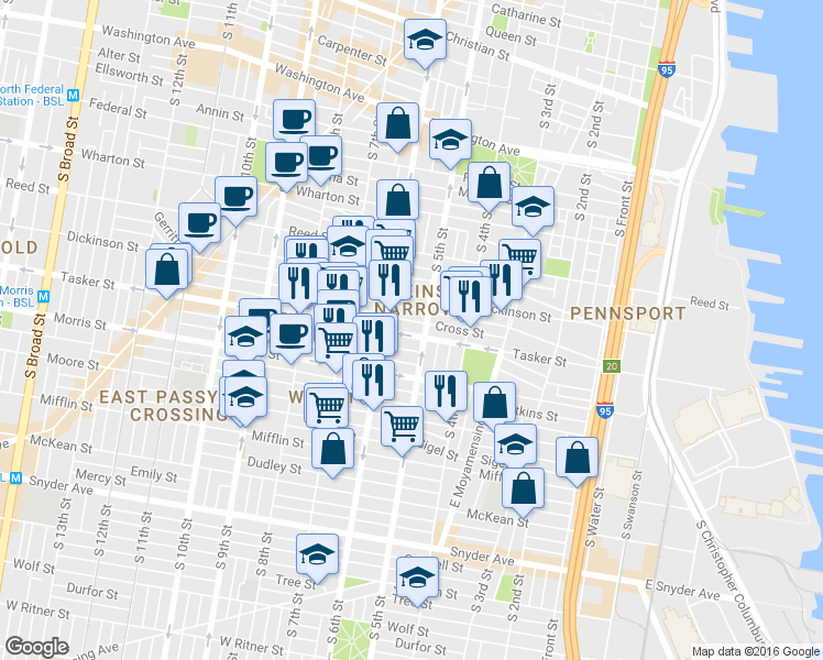 map of restaurants, bars, coffee shops, grocery stores, and more near 524 Tasker Street in Philadelphia