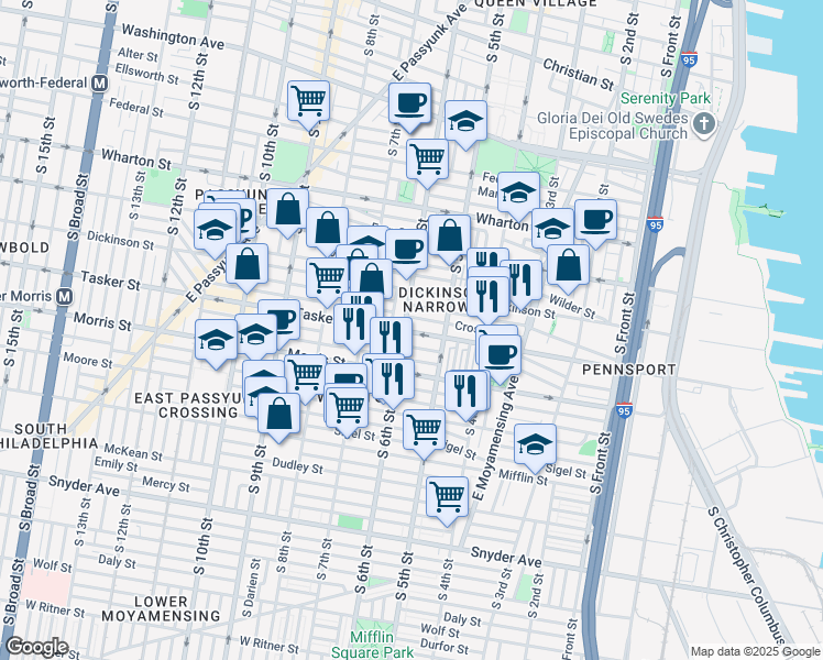 map of restaurants, bars, coffee shops, grocery stores, and more near 524 Tasker Street in Philadelphia