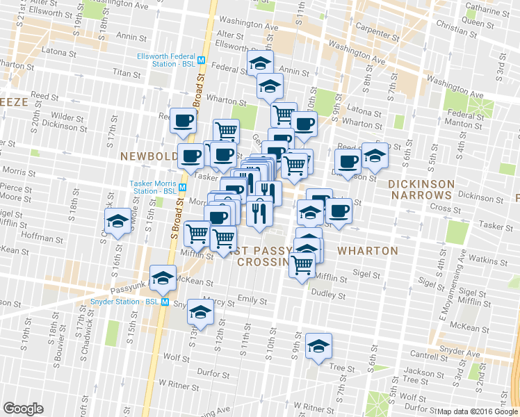map of restaurants, bars, coffee shops, grocery stores, and more near 1623 South Jessup Street in Philadelphia