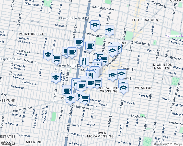 map of restaurants, bars, coffee shops, grocery stores, and more near 1719 South 13th Street in Philadelphia