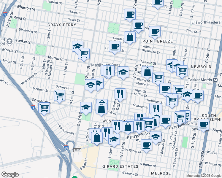 map of restaurants, bars, coffee shops, grocery stores, and more near 2220 Mifflin Street in Philadelphia